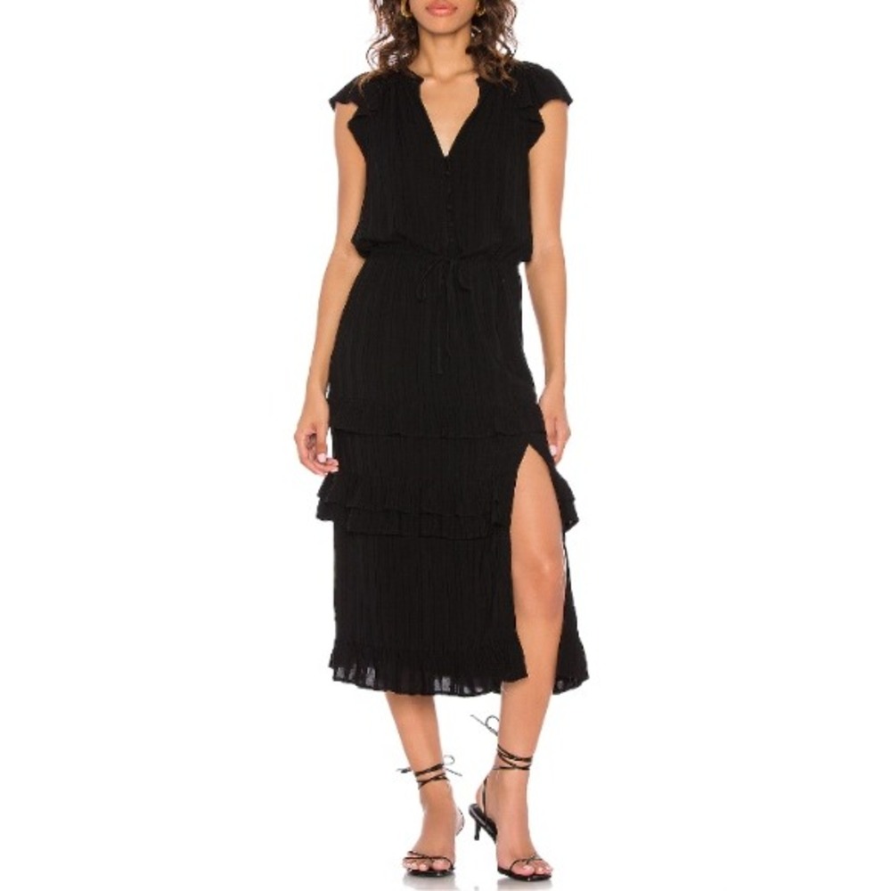 Paige Illyria Midi Dress Black Women Size Small Ruffle Flutter Sleeves Slit Boho